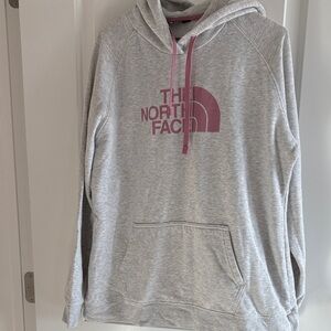 The North Face Light Gray Hoodie with Pink Accents